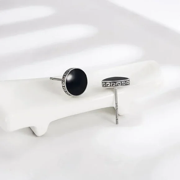 🆕 6mm Onyx Button Greek Style 18K White Gold Earring Studs  🆕 Hypoallergenic - Picture 7 of 8